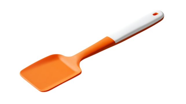 A food-grade silicone spatula in orange and white color combination, non-stick and dishwasher-safe, displayed clearly on bright seamless white background 
