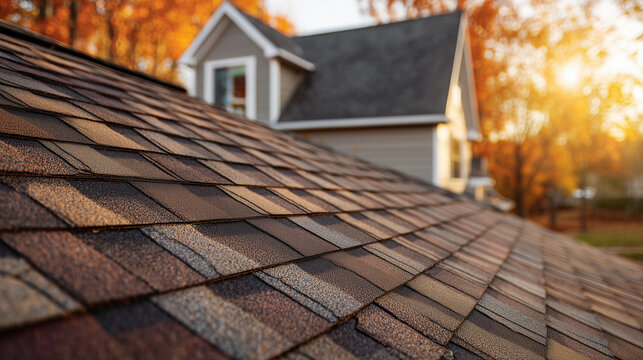 Close-up of brown roof shingles with sunlight and house in the background, showcasing roofing texture and autumn season colors in warm light.