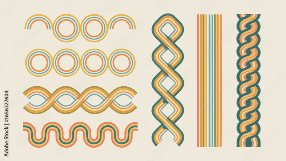 Poster retro style graphic featuring various wavy and circular patterns with multiple color lines design el