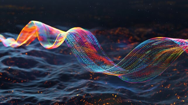 Simulated neural waves of data transferring in a multicolored ribbon-like structure, floating above digital terrain, cinematic lighting.