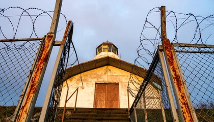 Old church behind rusty barbed wire fence