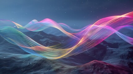 Simulated neural waves of data transferring in a multicolored ribbon-like structure, floating above digital terrain, cinematic lighting.