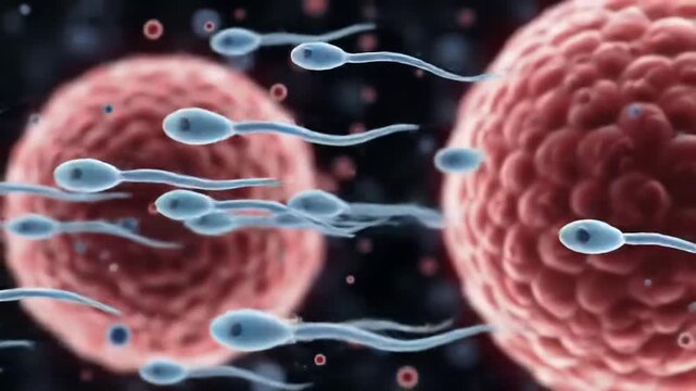 Close Up Human Sperm Cells Swim Towards Two Red Human Egg Cells in Dark Background as Biological Illustration Concept Emphasizing Reproduction Process and Fertilization in Medical Animation