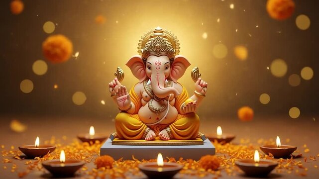 Elegant Lord Ganesha Idol Illuminated by Diyas and Marigolds on a Beige Surface Creating a Warm Spiritual Atmosphere