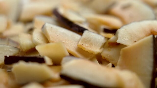 Dried coconut chips or crispy coco shavings. Macro shot. Rotation