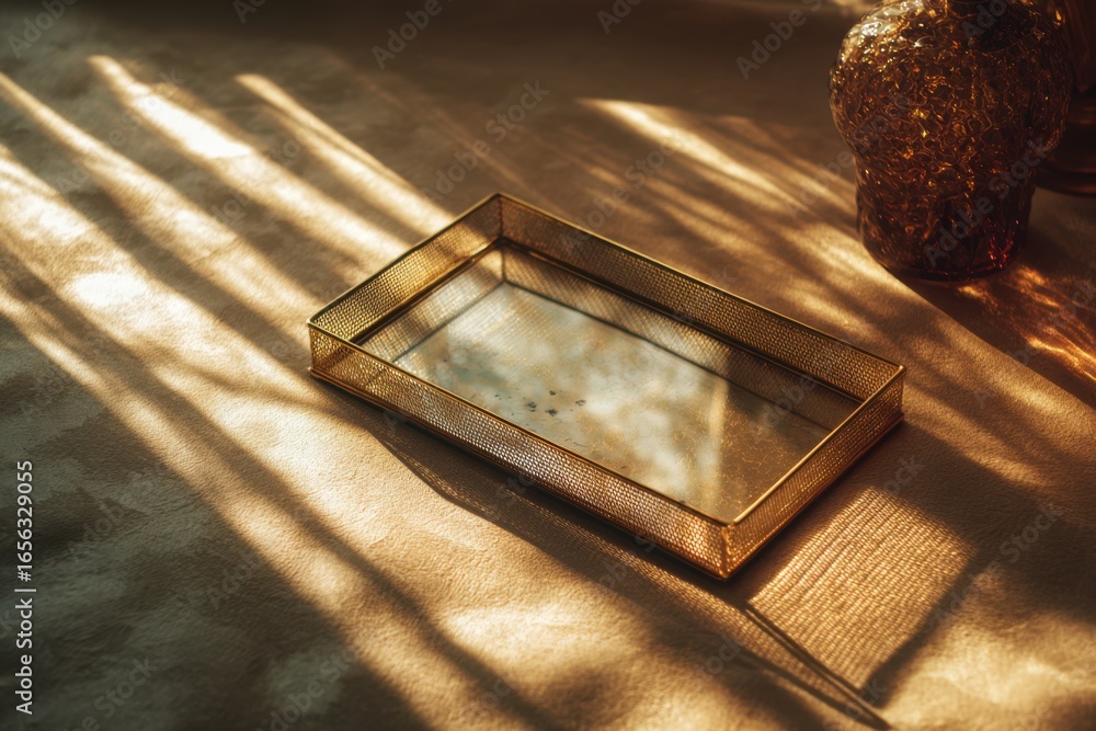 Aufkleber Elegant gold mesh tray on a soft surface reflecting warm sunlight with artistic shadows creating a serene atmosphere