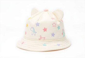 A white baby hat with ears and colorful star and dinosaur patterns, isolated on a white background.