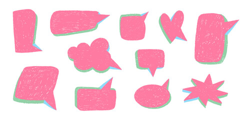 Empty speech bubbles. Doodle colorful forms for chat and message. Discussion and conversation, crayons drawing dialog windows. Sketch pencil. Thinking communication icon vector isolated hand drawn set