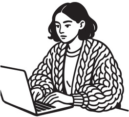 Hand Sketch of Working Woman for computer. Woman in knitted autumn cardigan