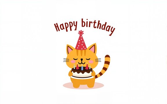 Modern illustrated birthday card with a cute cat in a party hat holding a cake, bright and cheerful color palette, clean white background, playful lettering "Happy Birthday". High quality