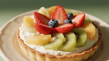 fruit cake with strawberries, kiwi, and blueberries