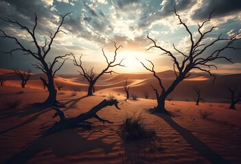 Dry Tree Silhouette in Sunset Landscape