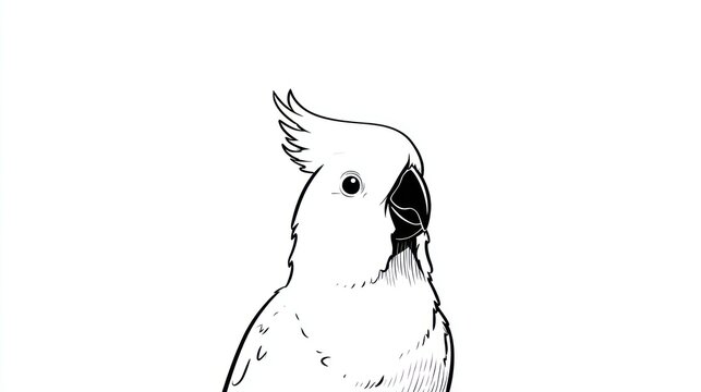 Cockatoo portrait white bird with raised crest, black beak, eye, on white