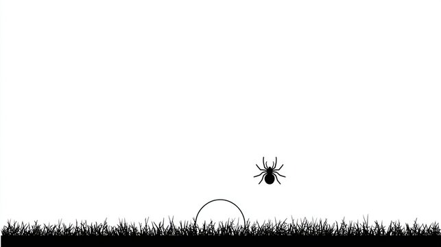 Spider in grass, silhouetted against a white background with partial moon shape