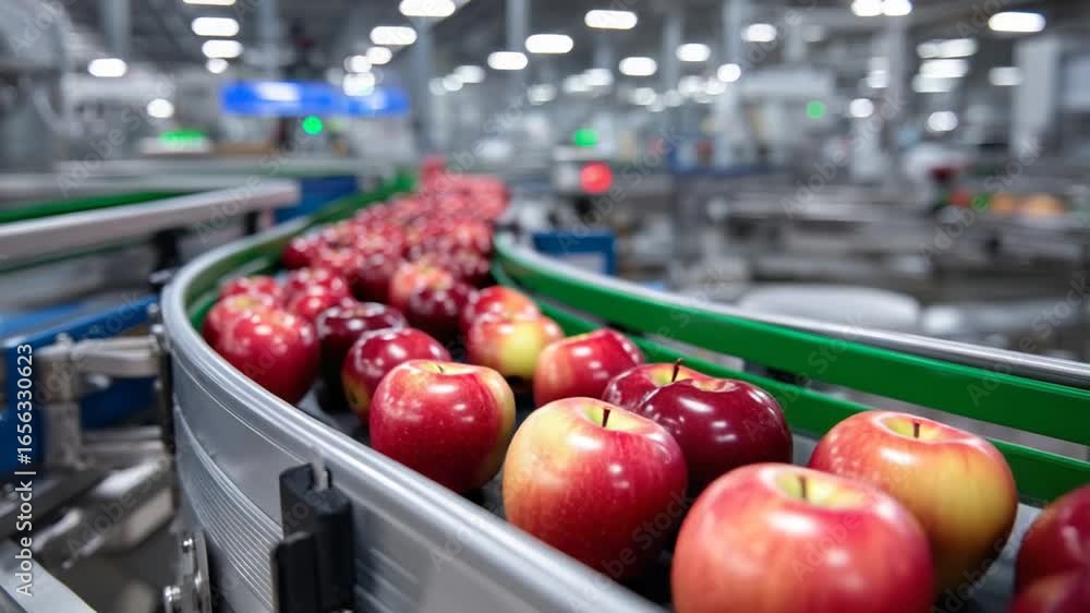 Poster efficient mechanical sorter aligns red apples for grading, utilizing advanced size and shape sensors