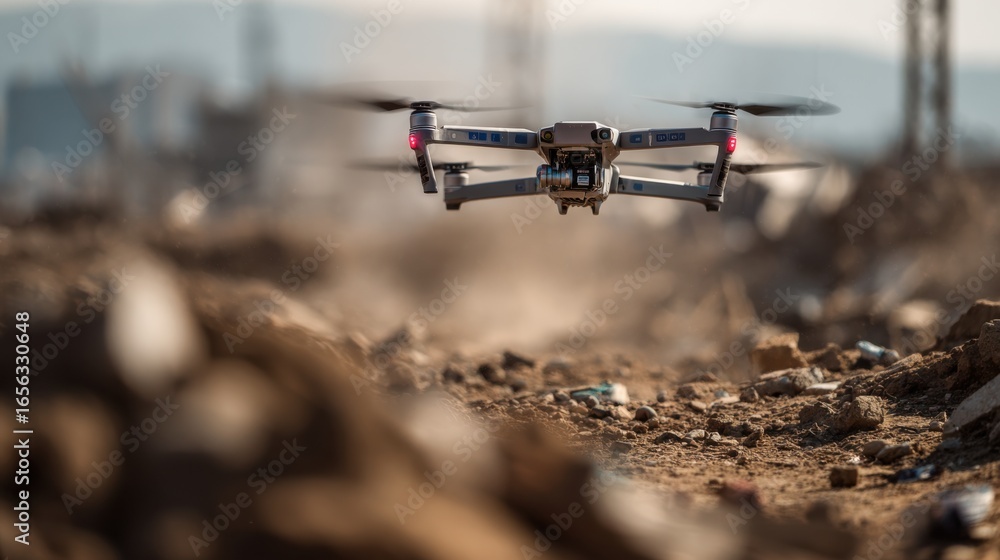 Poster focused medium shot capturing a hightech drone using laserablation technology to clear minefields wi