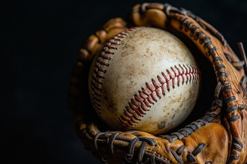 Baseball glove and ball on black background with copy space, vintage boho style sports equipment for web banner and design concept
