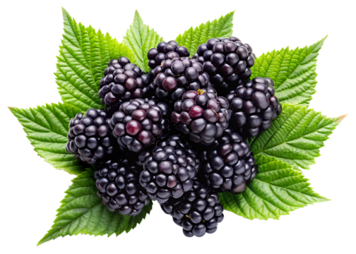  blackberries with leaves in corner top view isolated on white background,PNG.AI Generated.
