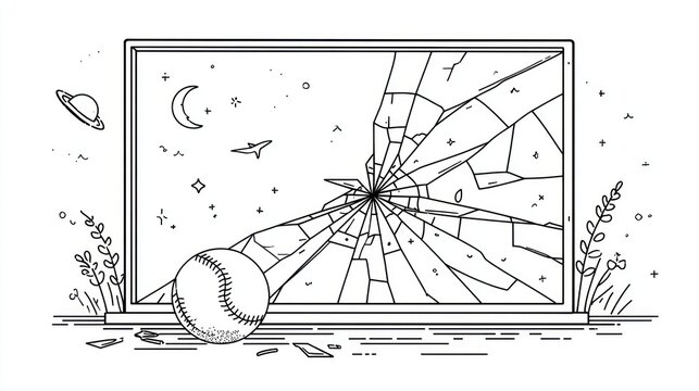Smashed laptop screen showing space; baseball sits nearby. Black/white drawing