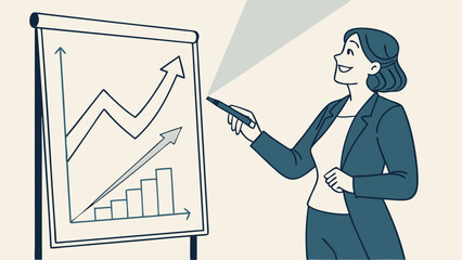 Businesswoman Presenting Financial Growth on Whiteboard.