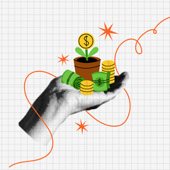 Money tree. Hand halftone collage. Investing in business and revenue growth. Saving increasing. Safe finance investment, bank deposit. Finance and business, gold coins dollar, vector concept