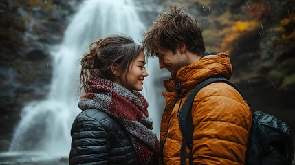 Fototapeta premium Couple enjoying the serene beauty of a waterfall together