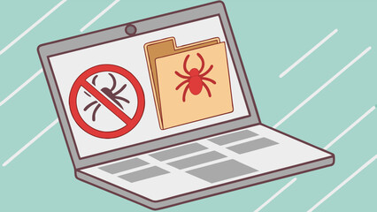 Cartoon Laptop Displaying Virus Warning and Infected Folder Icon.