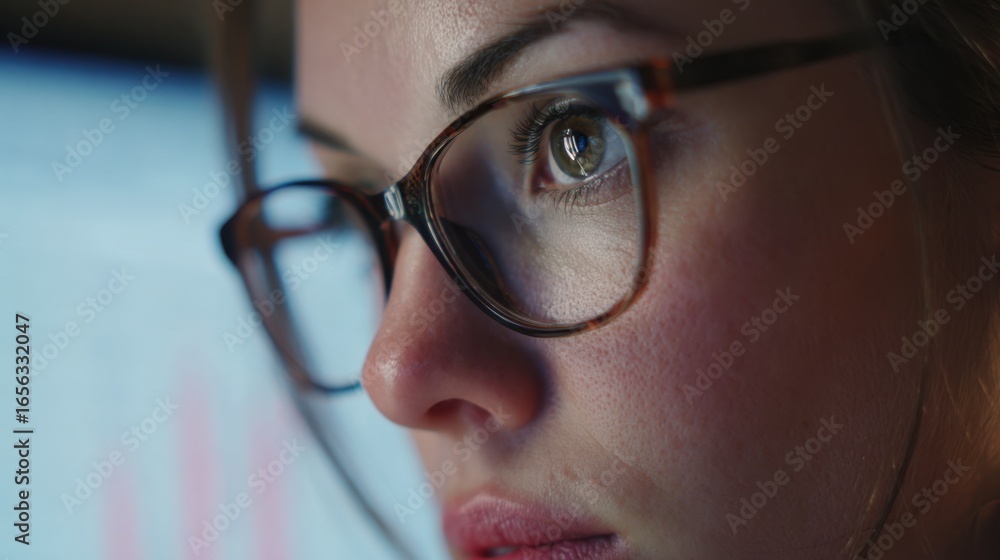 Poster medium shot showing a quality auditors focused face reviewing deviation data surrounding details sof