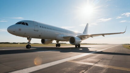 Commercial Airplane on Airport Runway Under Bright Sun in Clear Sky