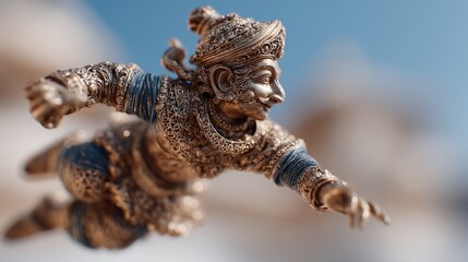 Ornate metallic sculpture of a celestial figure in dynamic flight pose