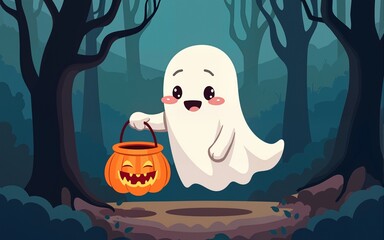 cute smiling ghost holding a jack-o-lantern bucket in a dark forest, whimsical halloween illustration perfect for greeting cards, party invitations, posters, or festive social media posts