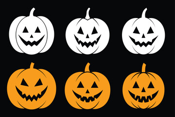 set of carved Halloween pumpkins in white and orange on black background jack o lantern spooky