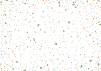 Vector illustration of abstract background with scattered colorful triangles and dots in pastel shades of green and beige, creating a festive and light confettilike texture