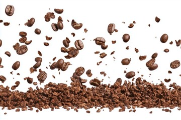 Falling coffee beans isolated, on white background
