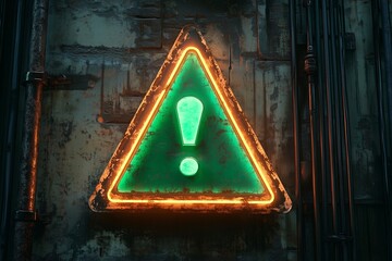 Neon danger warning sign with exclamation mark on dark background. Vector illustration. Attention sign.