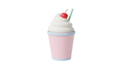 Delicious soft serve ice cream in a pastel pink cup topped with a cherry and a straw, isolated on a transparent background