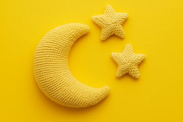 Knitted soft yellow crescent moon and two stars, toy yellow color isolated yellow background