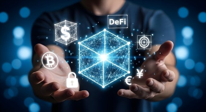 A person presents a Bitcoin cube, highlighting digital currency and financial security in a futuristic setting.