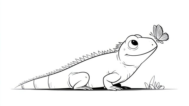 Happy lizard with butterfly nose boop in a simple b/w cartoon drawing