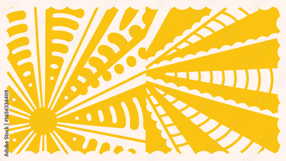 Poster a yellow and white abstract design featuring radiating lines and geometric shapes in a symmetrical p