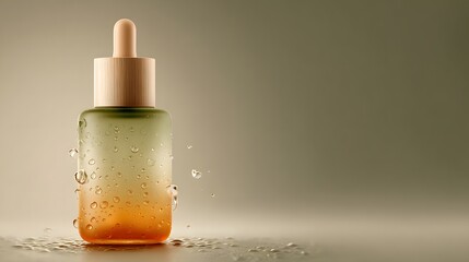 Naklejka premium Elegant frosted glass dropper bottle with gradient orange-green serum and water droplets, luxury skincare product mockup on neutral background.