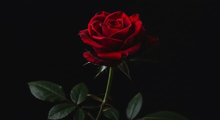 Fototapeta premium Exquisite Dark Red Rose Bloom with Green Leaves Against Black Background