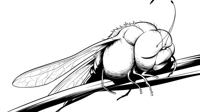 Monochrome illustration large fly on stem with detailed wings and big eyes