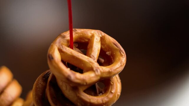 Bunch of salty pretzel crackers strung on red string. Brown background. Macro shot