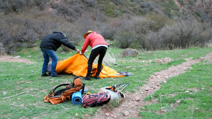 Two guys, tourists, are putting up a tent in a field. Their backpacks and trekking poles are...