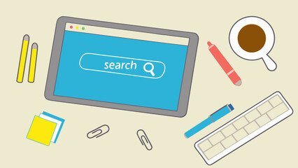 Flat Lay Workspace with Tablet Search Bar and Office Supplies.