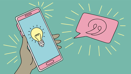 Hand Holding Smartphone Displaying Lightbulb Idea with Speech Bubble.