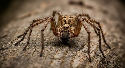 Extreme Close-up of a Hairy Spider with Multiple Eyes on Textured Bark