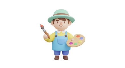 Cheerful cartoon artist holding a paintbrush and palette on a transparent background for creative projects