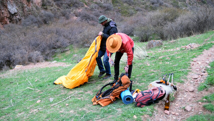 Gathering of the camp. Preparing for a new hiking day. A gay couple is building a tent. Travel,...